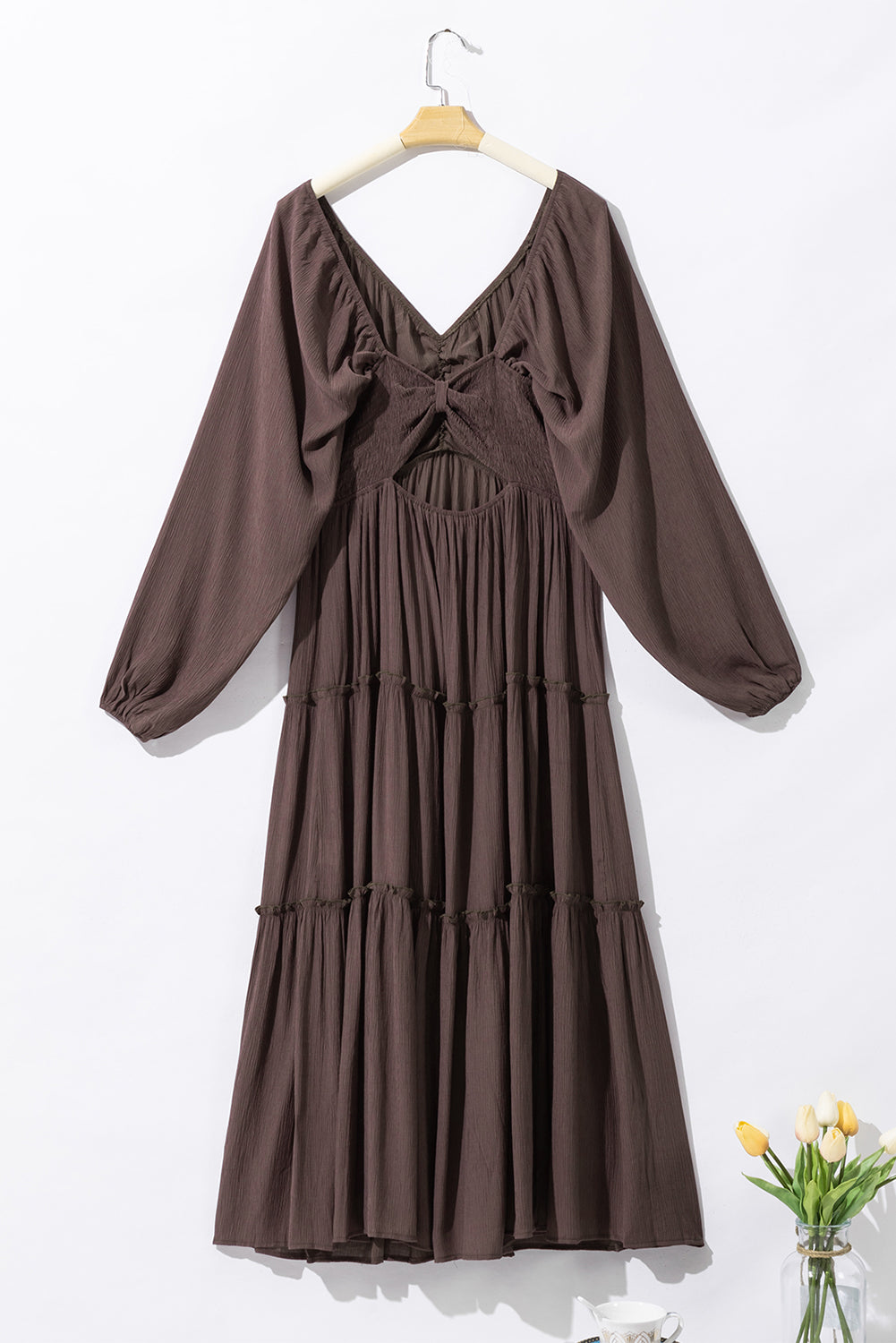 Brown V Neck Bowknot Cutout Frill Tiered Maxi Dress
