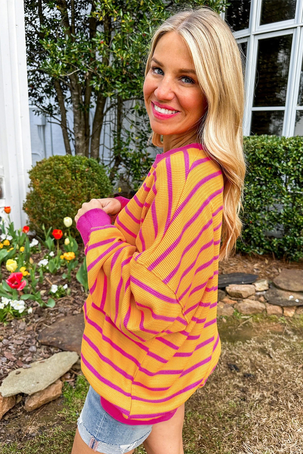 Pink Stripe Trimmed Round Neck Drop Shoulder Loose Sweater