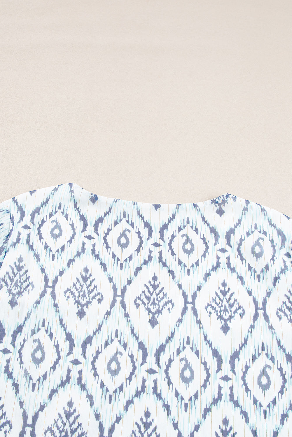 Sky Blue Geometric Print Shirred Puff Sleeve V Neck Blouse