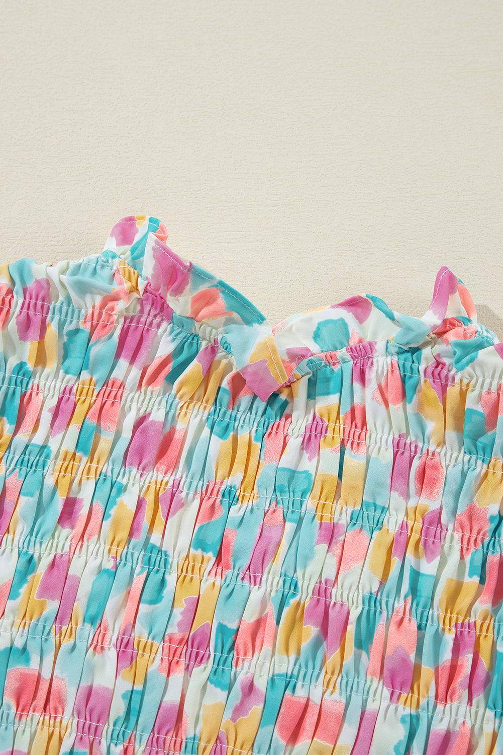 Pink Shirred Yoke Ruffled Abstract Printed Blouse