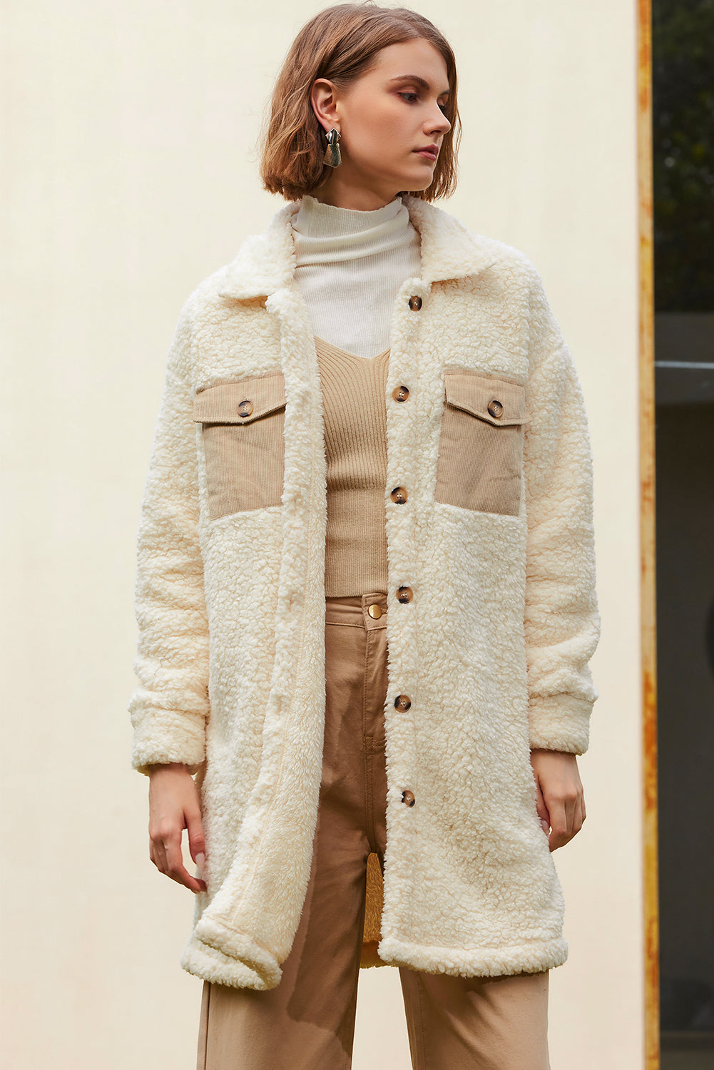 Khaki Contrast Flap Pocket Single Breasted Teddy Coat