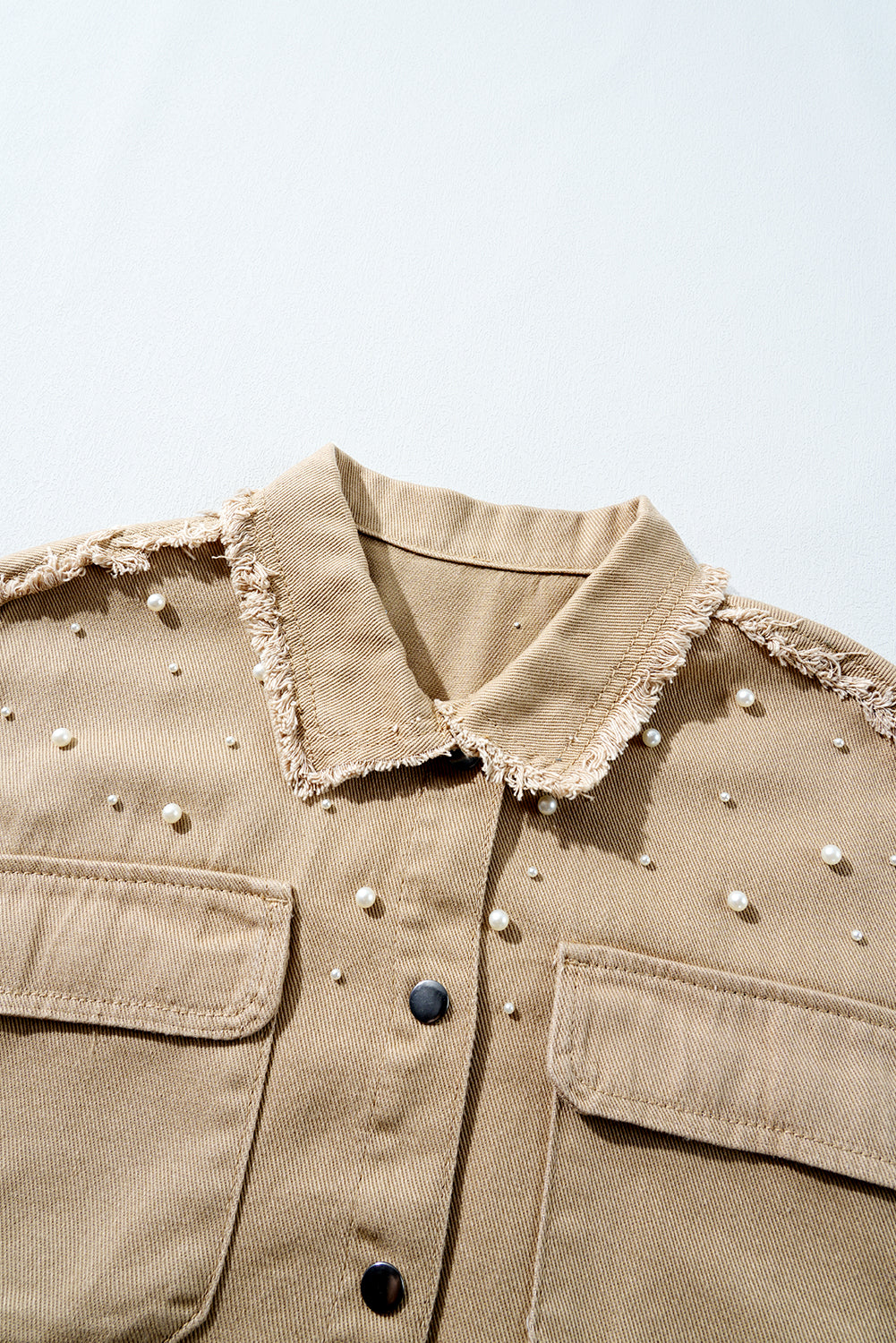 Bonbon Pearl Beaded Raw Hem Button Up Denim Jacket