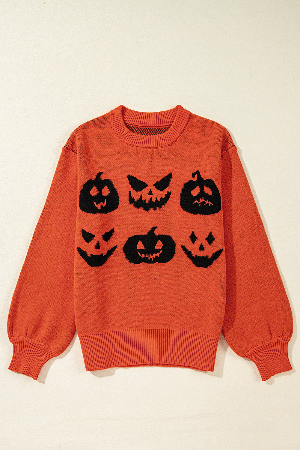 Black Halloween Pumpkin Face Pattern Drop Shoulder Sweater