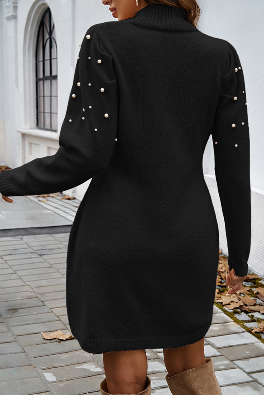 Apricot Pink Pearl Beaded High Neck Bodycon Sweater Dress