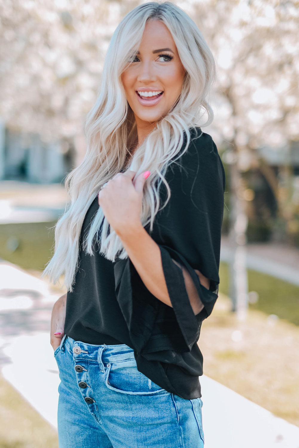 Green Flare Sleeve V Neck Loose Blouse