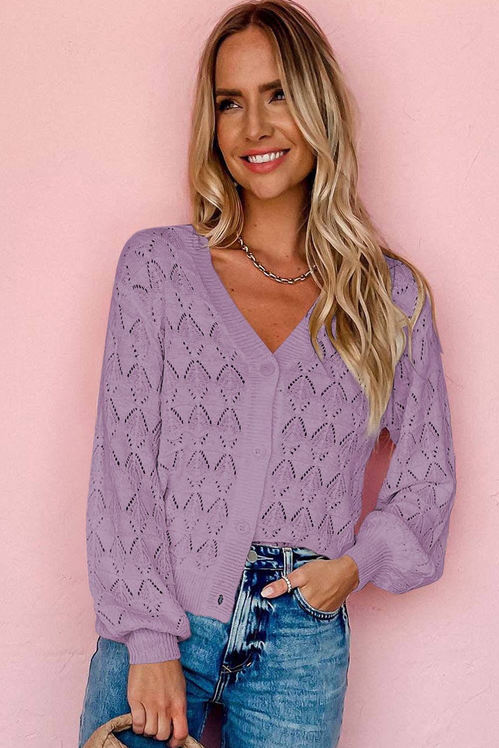 Blue Lightweight Buttoned Front Crochet Cardigan
