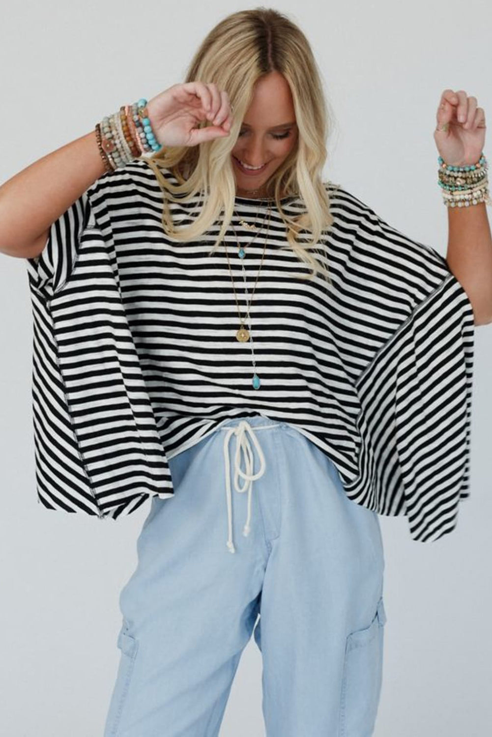 Khaki Stripe Batwing Sleeve Crewneck Oversized Top