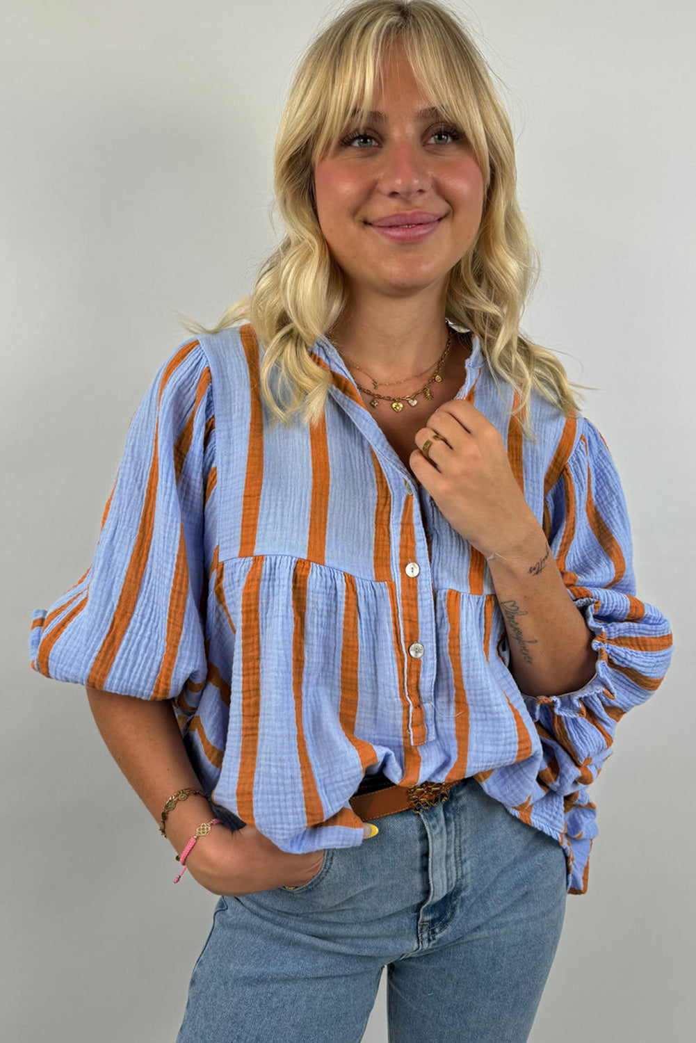 Black Stripe Crinckled Ruffled Sleeve Button up Loose Shirt