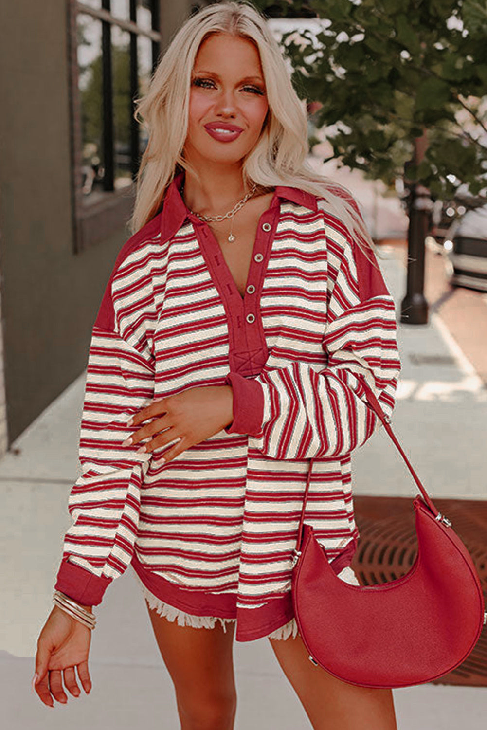 Blue Stripe Buttoned V Neck Collared Drop Shoulder Top