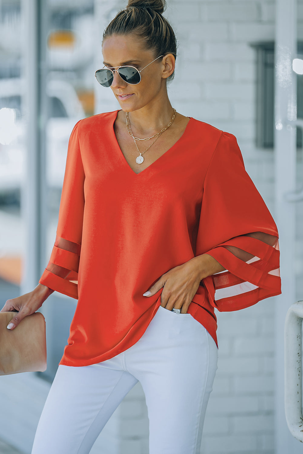 Green Flare Sleeve V Neck Loose Blouse