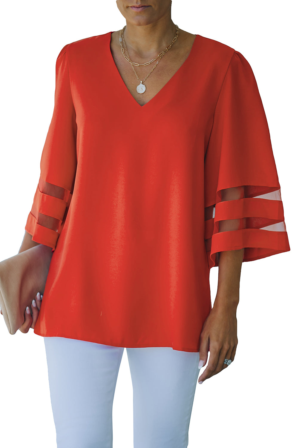 Green Flare Sleeve V Neck Loose Blouse