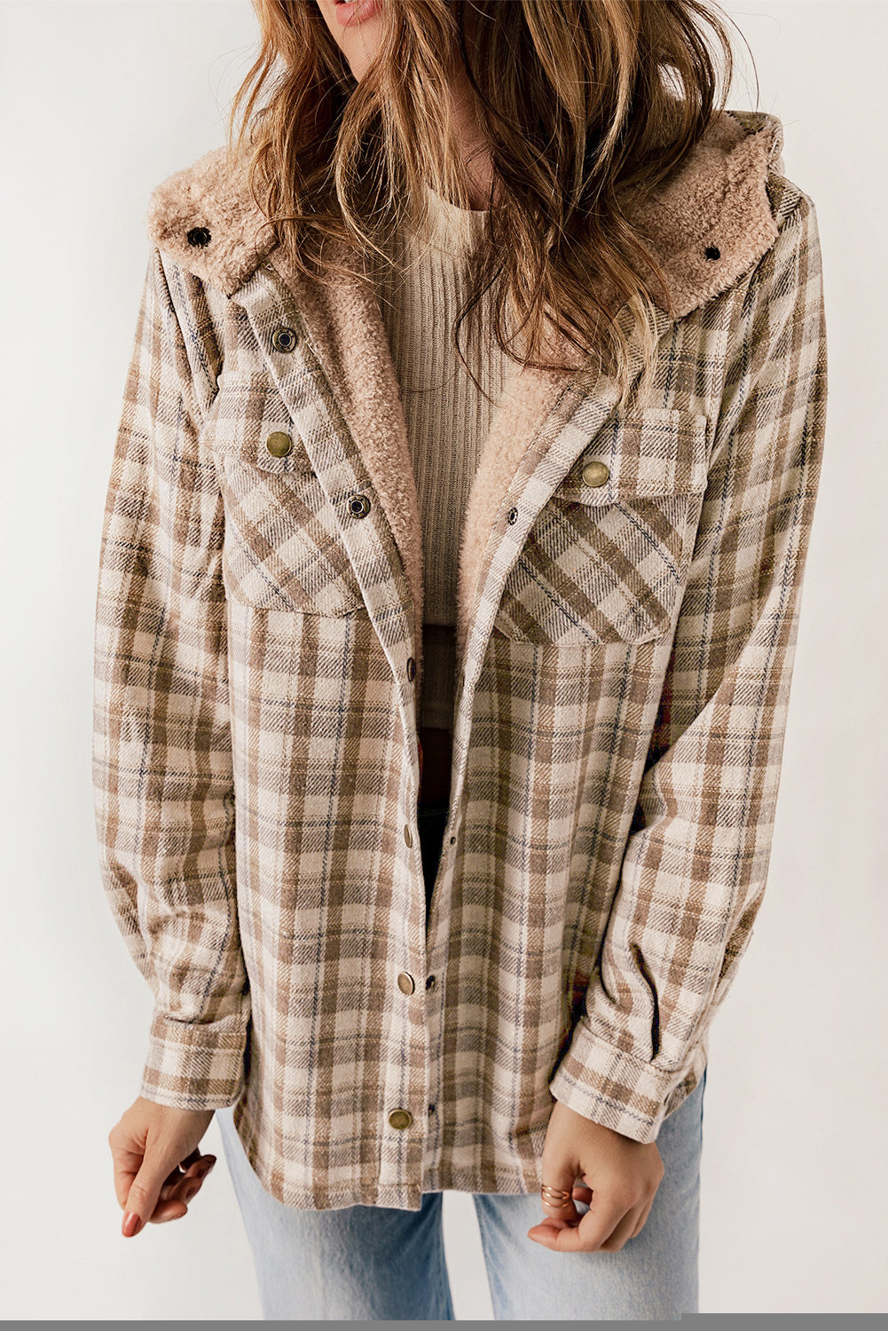 Plaid Pattern Sherpa Lined Hooded Shacket