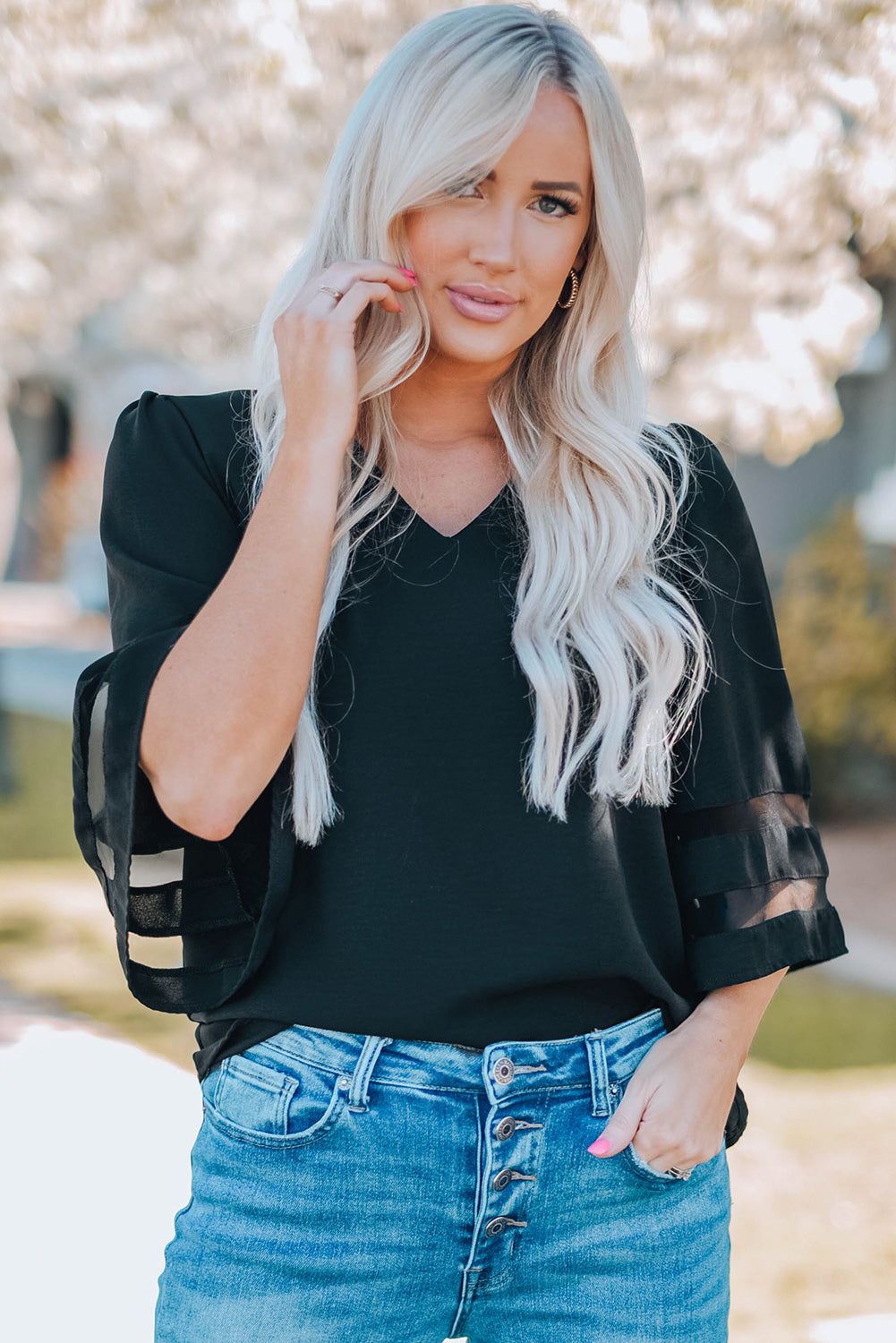Green Flare Sleeve V Neck Loose Blouse