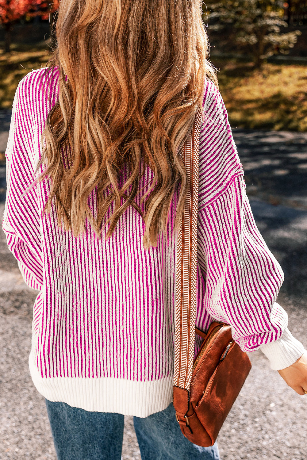 Dark Blue Striped Textured Knit Contrast Edge Loose Sweater