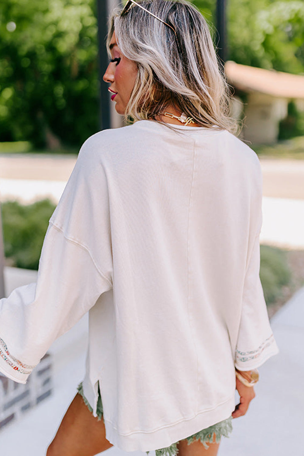 Light Pink Floral Peace Sign Graphic Drop Shoulder Wide Sleeve Casual Top