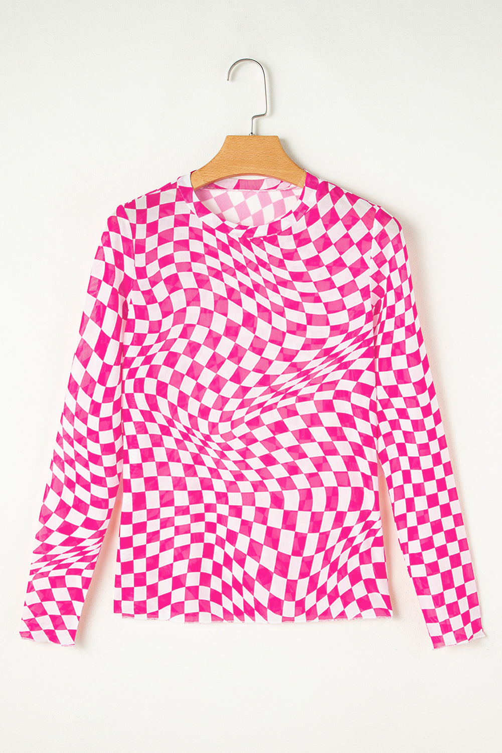 Khaki Checkered Pattern Mesh Mock Neck Long Sleeve Top