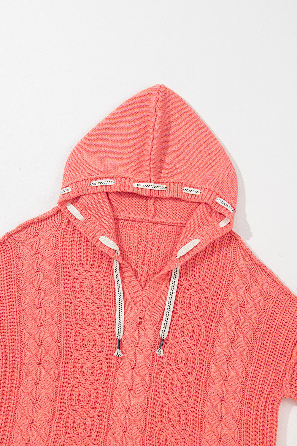 Sea Green Cable Knit V Neck Contrast Drawstring Hooded Sweater