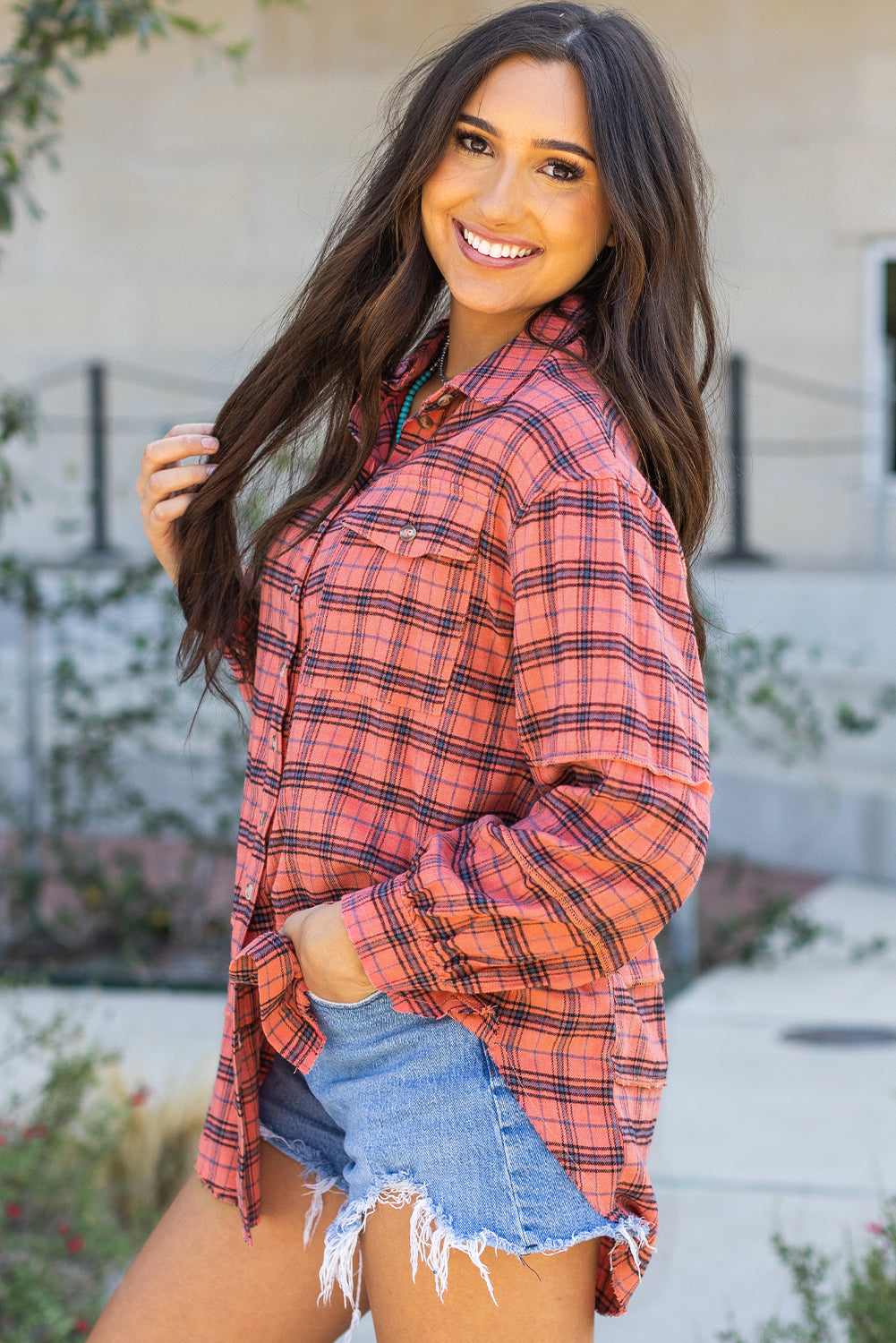 Green Plaid Long Sleeeve Side Split Distressed Hem Shirt
