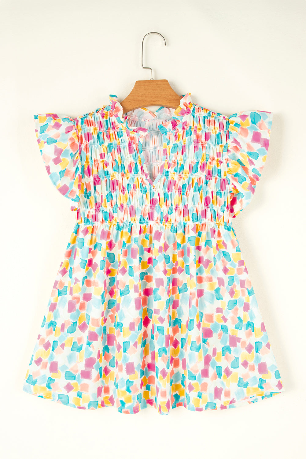 Pink Shirred Yoke Ruffled Abstract Printed Blouse