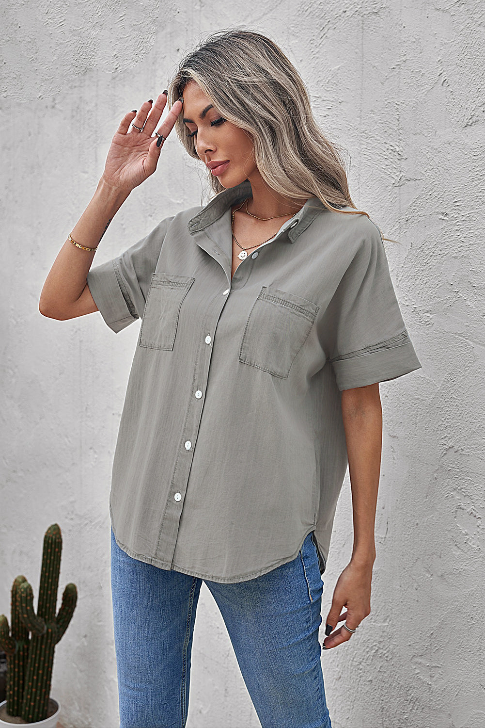 Green Turn-down Collar Short Sleeve Denim Shirt