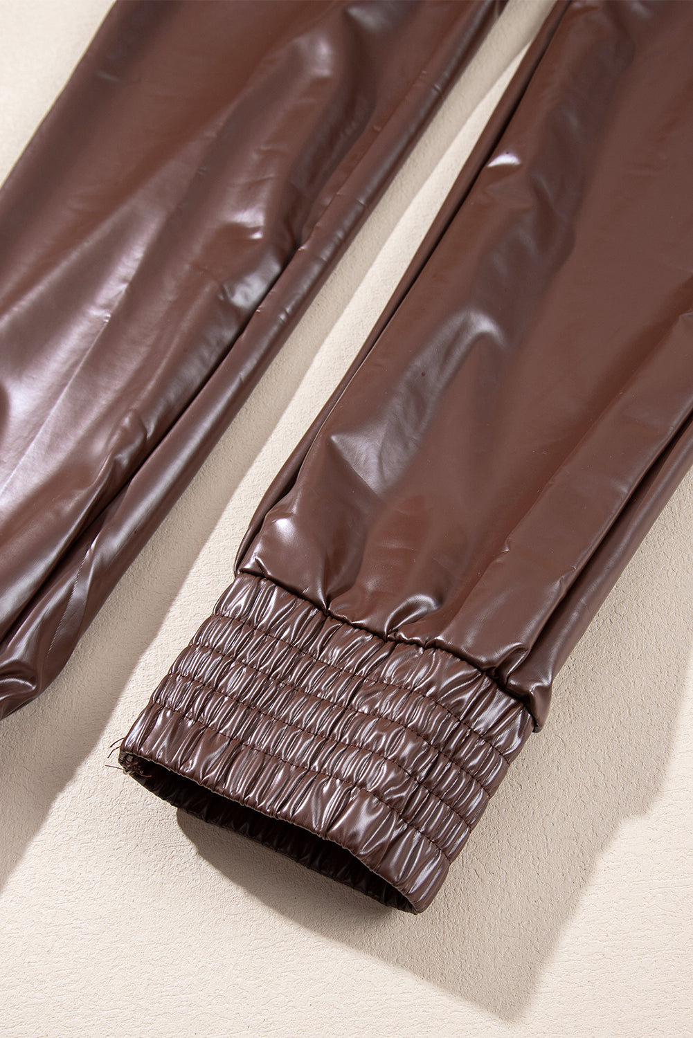 Black Smocked High-Waist Leather Skinny Pants