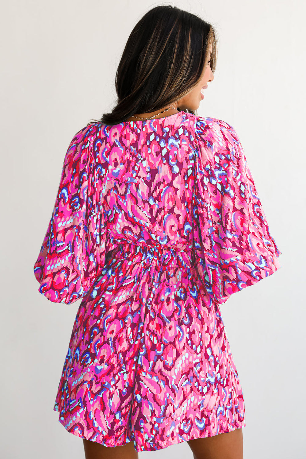Green Abstract Print Puff Sleeve V Neck High Waist Romper