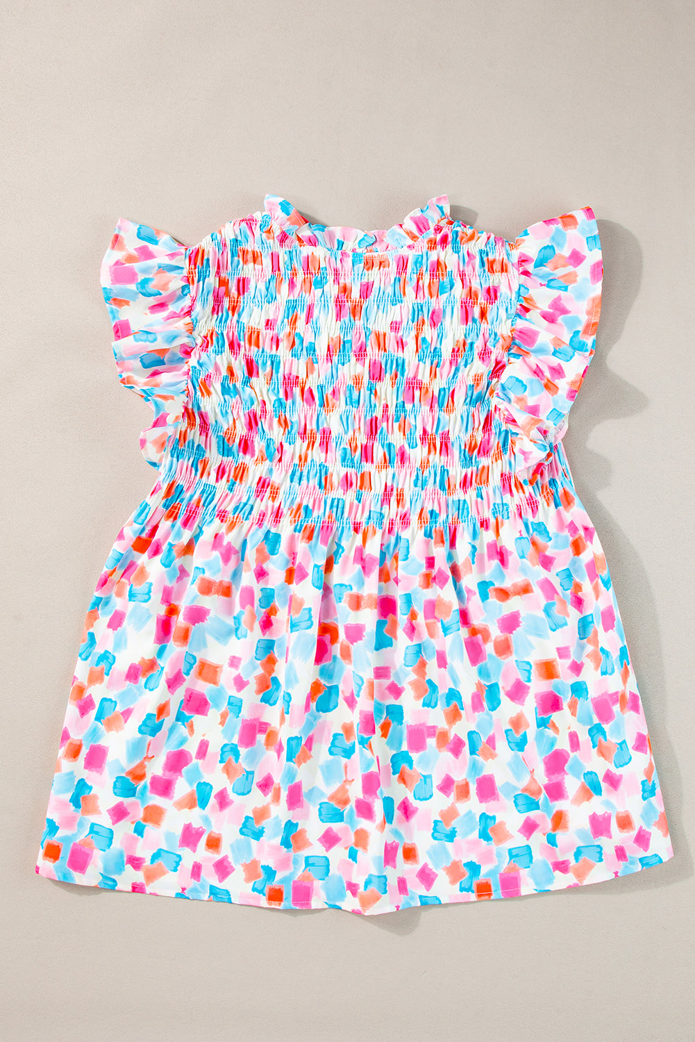 Pink Shirred Yoke Ruffled Abstract Printed Blouse