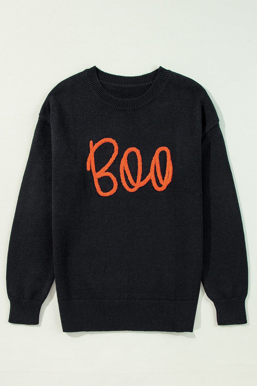 Orange Boo Knitted Pattern Ribbed Edge Drop Shoulder Sweater