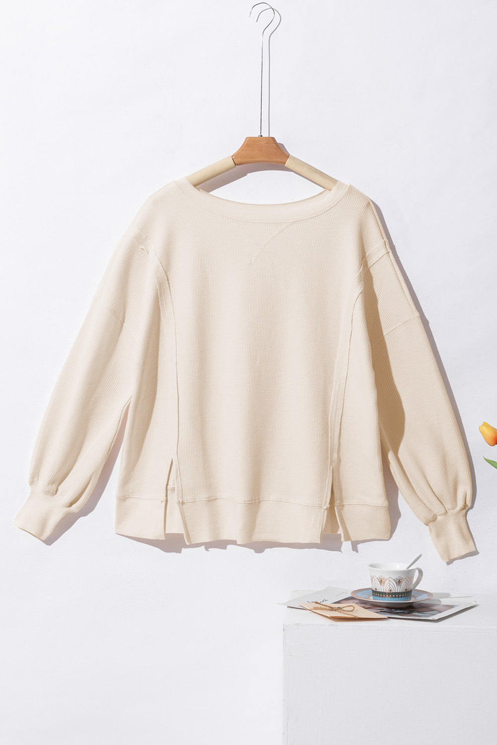 Gray Waffle knit Bishop Sleeve Split Oversized Top