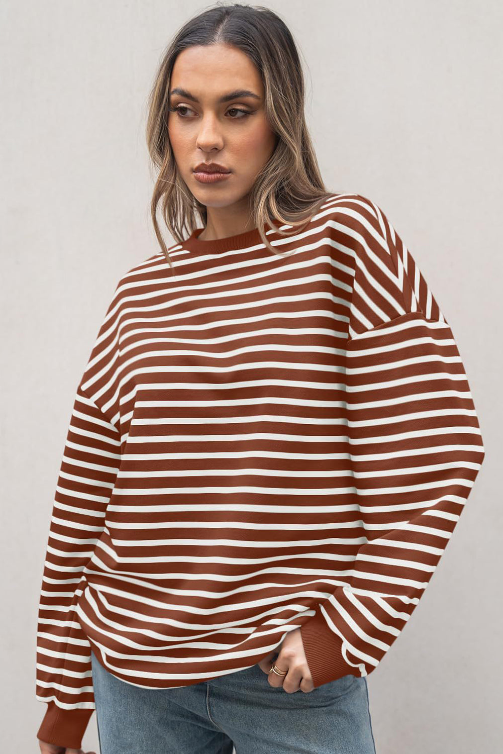 Burgundy Striped Long Sleeve Round Neck Loose Top