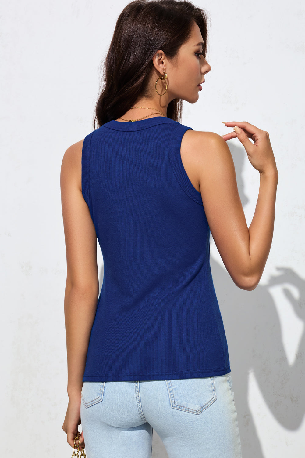 Solid White Round Neck Ribbed Tank Top