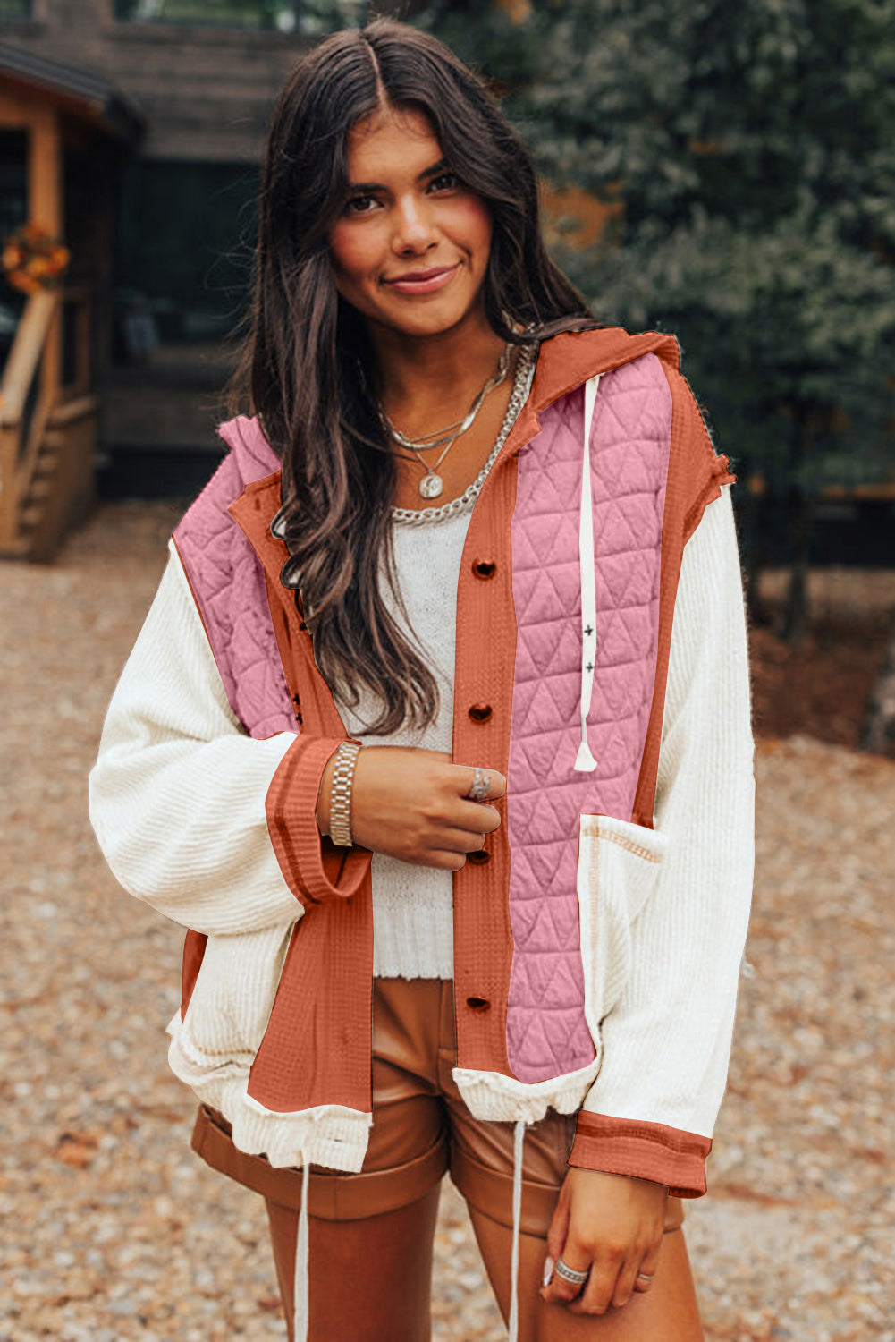 Light Blue Quilted Textured Patchwork Loose Fit Hooded Jacket