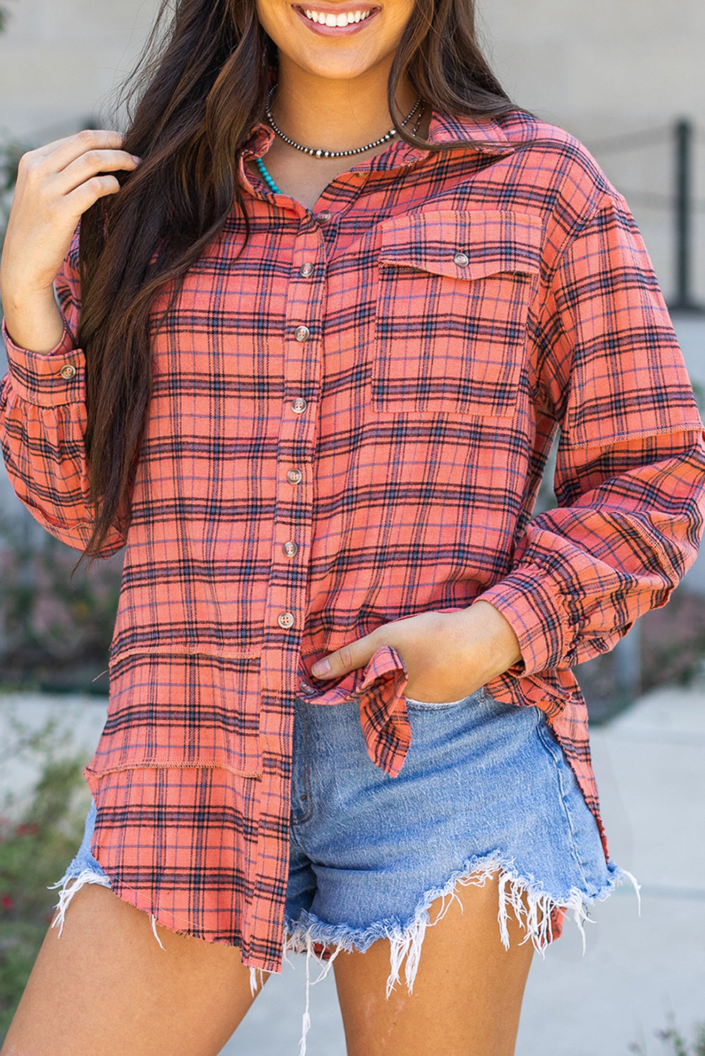 Green Plaid Long Sleeeve Side Split Distressed Hem Shirt