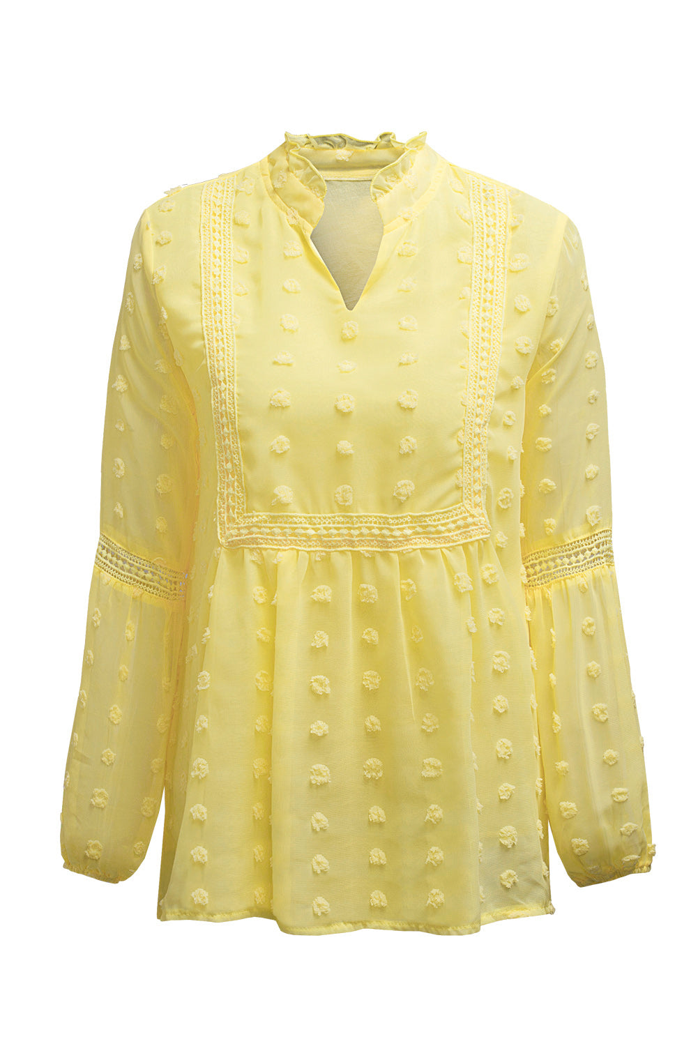 Blue Ruffled Split Neck Lace Hollow Out Puff Sleeve Polka Dot Blouse