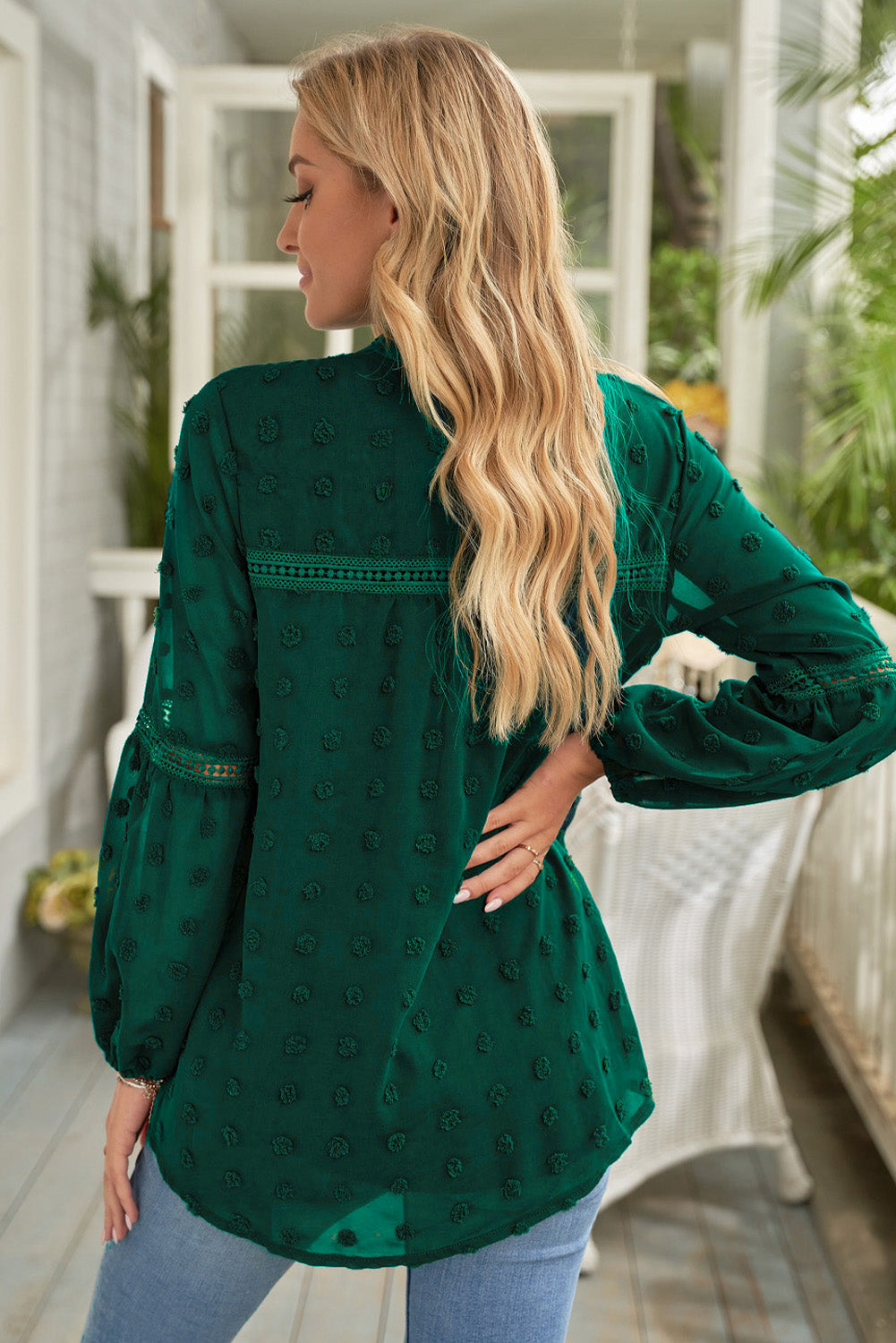 Blue Ruffled Split Neck Lace Hollow Out Puff Sleeve Polka Dot Blouse