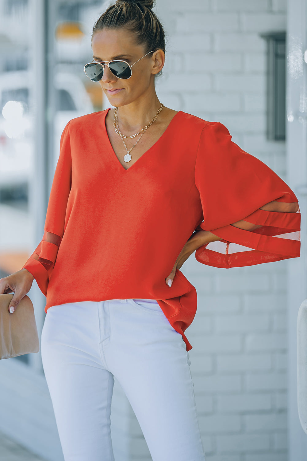 Green Flare Sleeve V Neck Loose Blouse