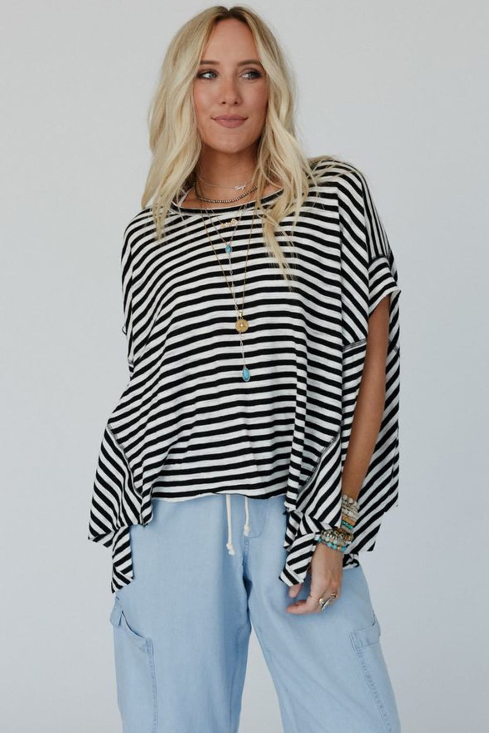 Khaki Stripe Batwing Sleeve Crewneck Oversized Top