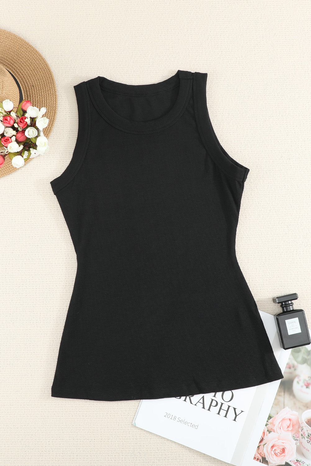 Solid White Round Neck Ribbed Tank Top