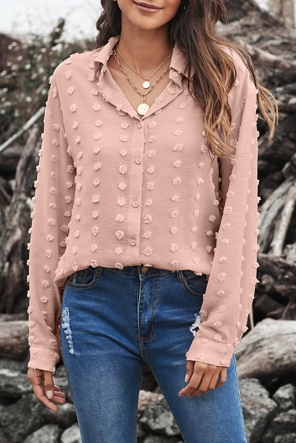 Gray Long Sleeve Button Fuzzy Polka Dot Shirt