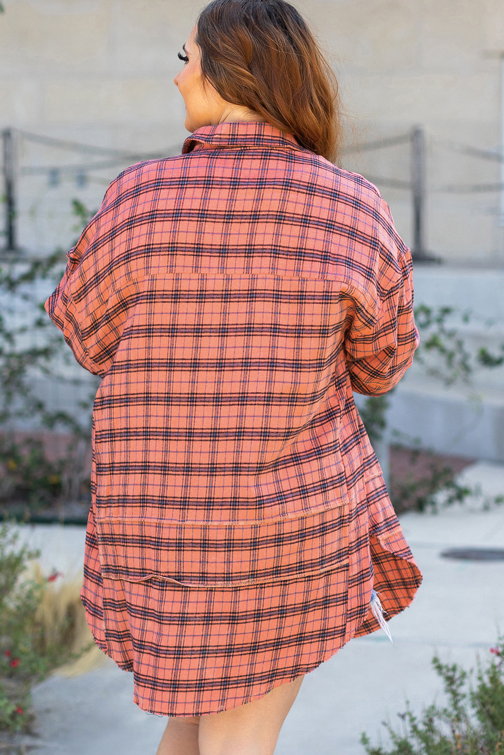 Green Plaid Long Sleeeve Side Split Distressed Hem Shirt