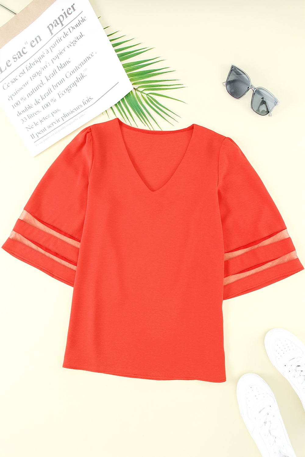Green Flare Sleeve V Neck Loose Blouse