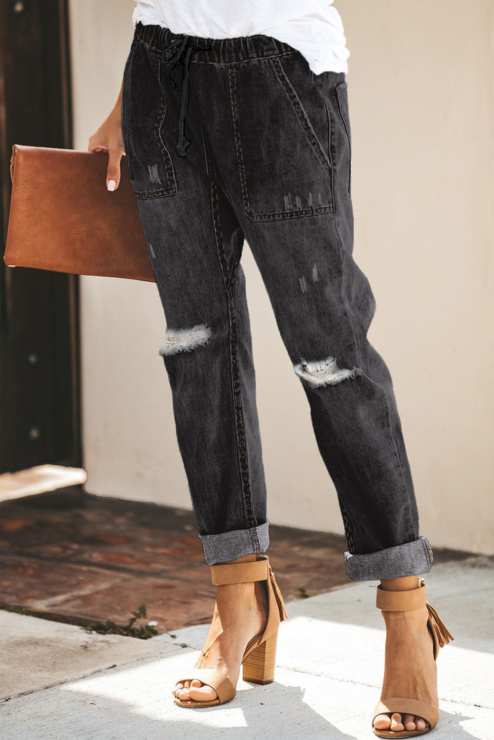 Sky Blue Gather Round Distressed Pocketed Denim Jogger