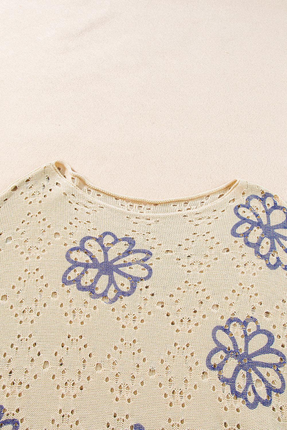 White Contrast Flower Print Eyelet Drop Shoulder Sweater