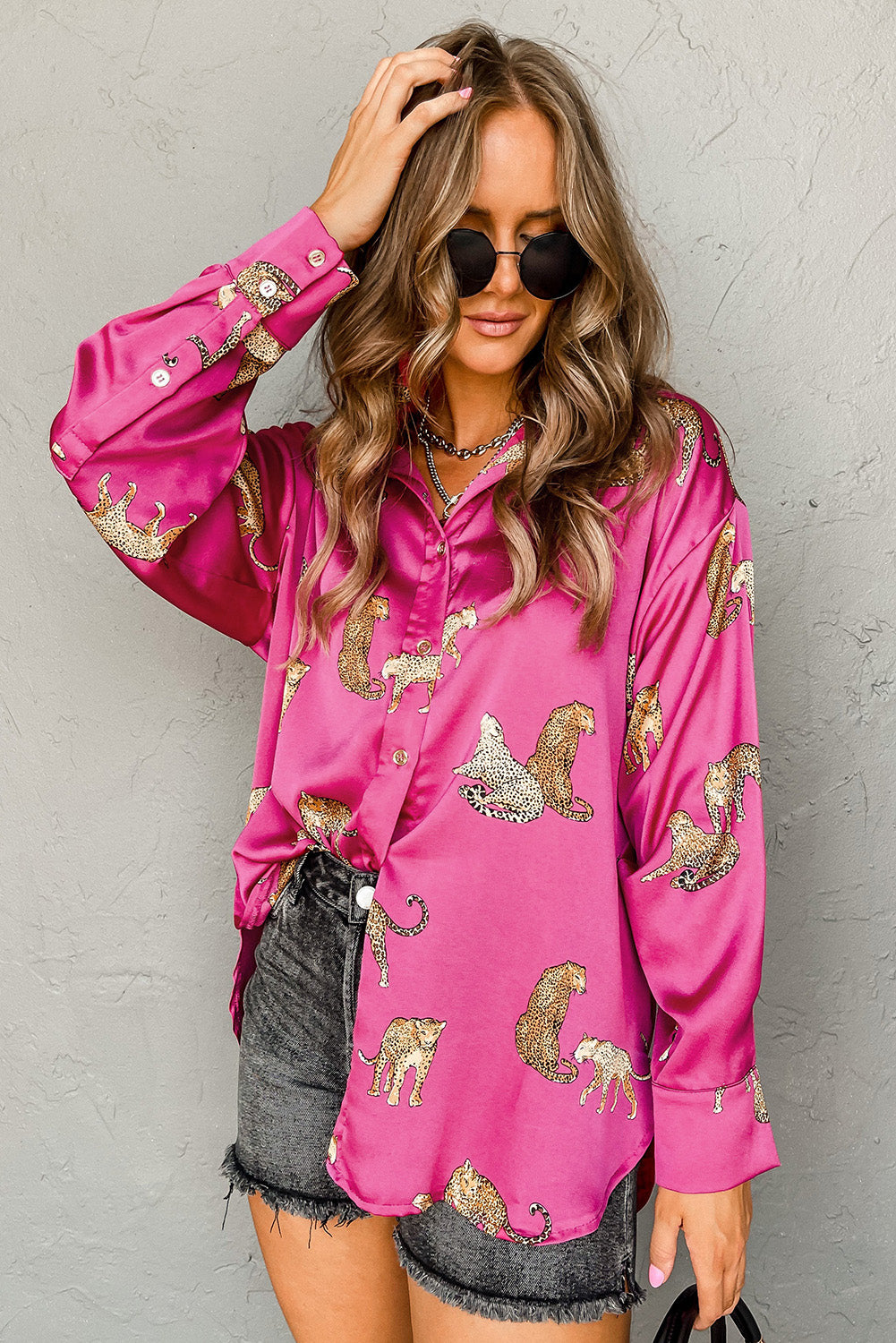 Russet Orange Cheetah Animal Print Button Up Satin Shirt