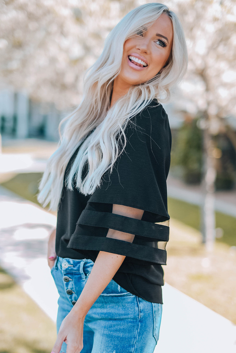 Green Flare Sleeve V Neck Loose Blouse