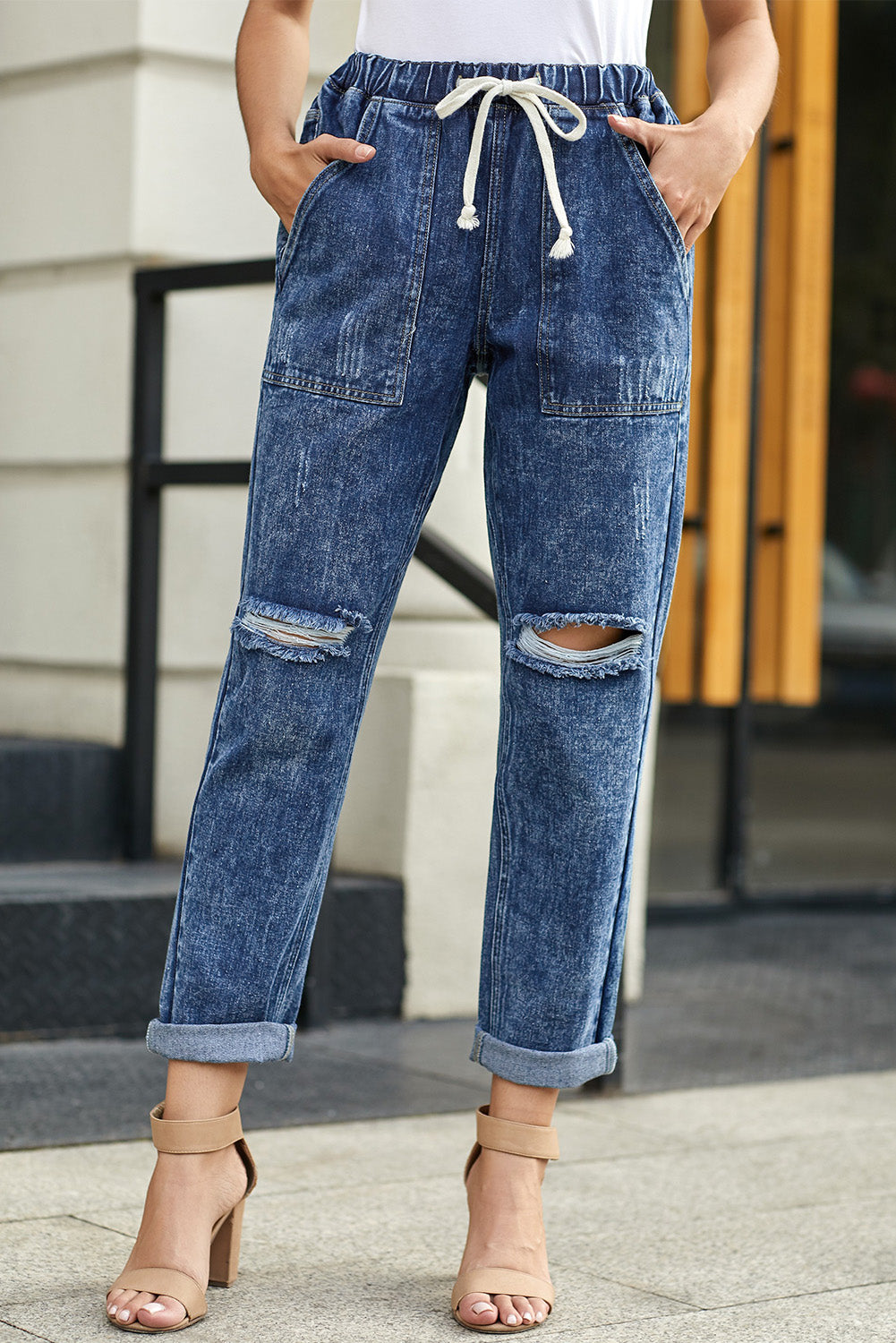 Sky Blue Gather Round Distressed Pocketed Denim Jogger