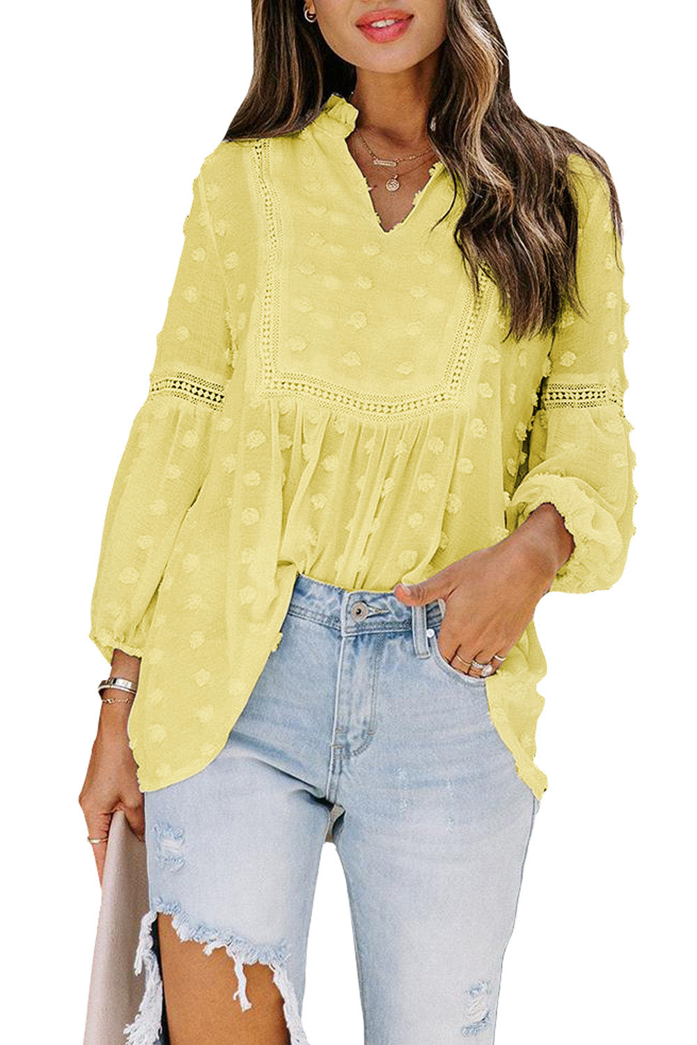 Blue Ruffled Split Neck Lace Hollow Out Puff Sleeve Polka Dot Blouse