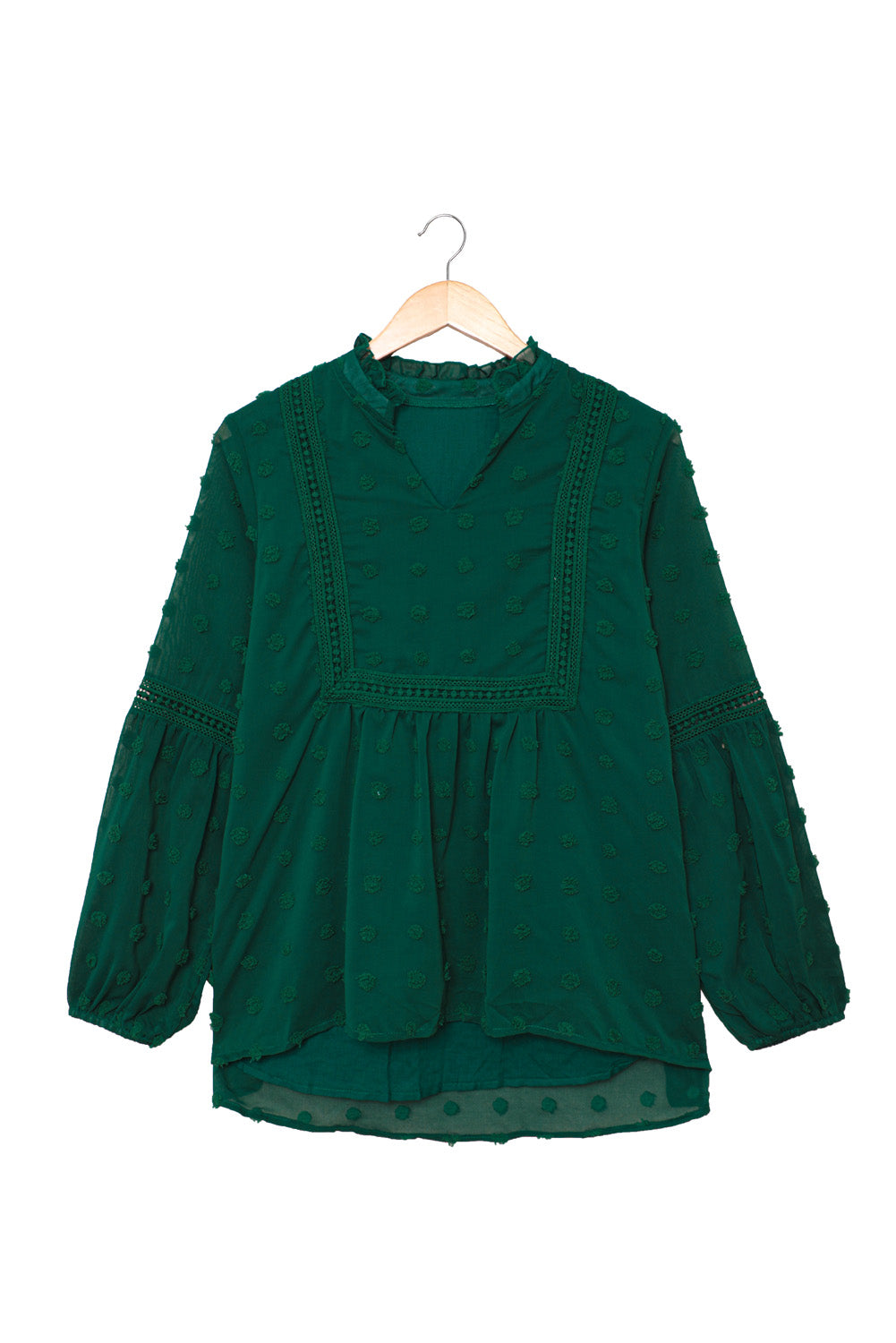 Blue Ruffled Split Neck Lace Hollow Out Puff Sleeve Polka Dot Blouse
