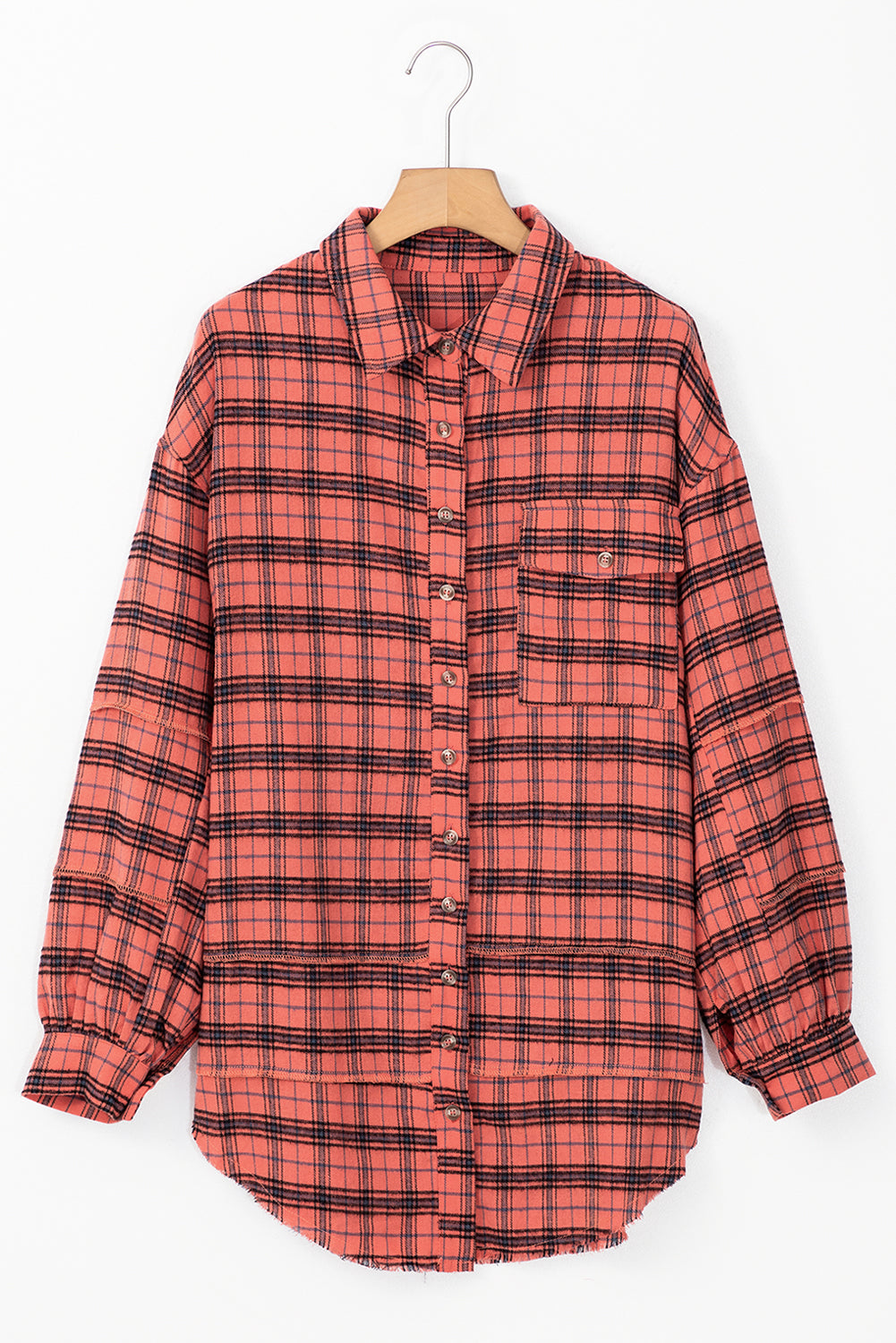 Green Plaid Long Sleeeve Side Split Distressed Hem Shirt