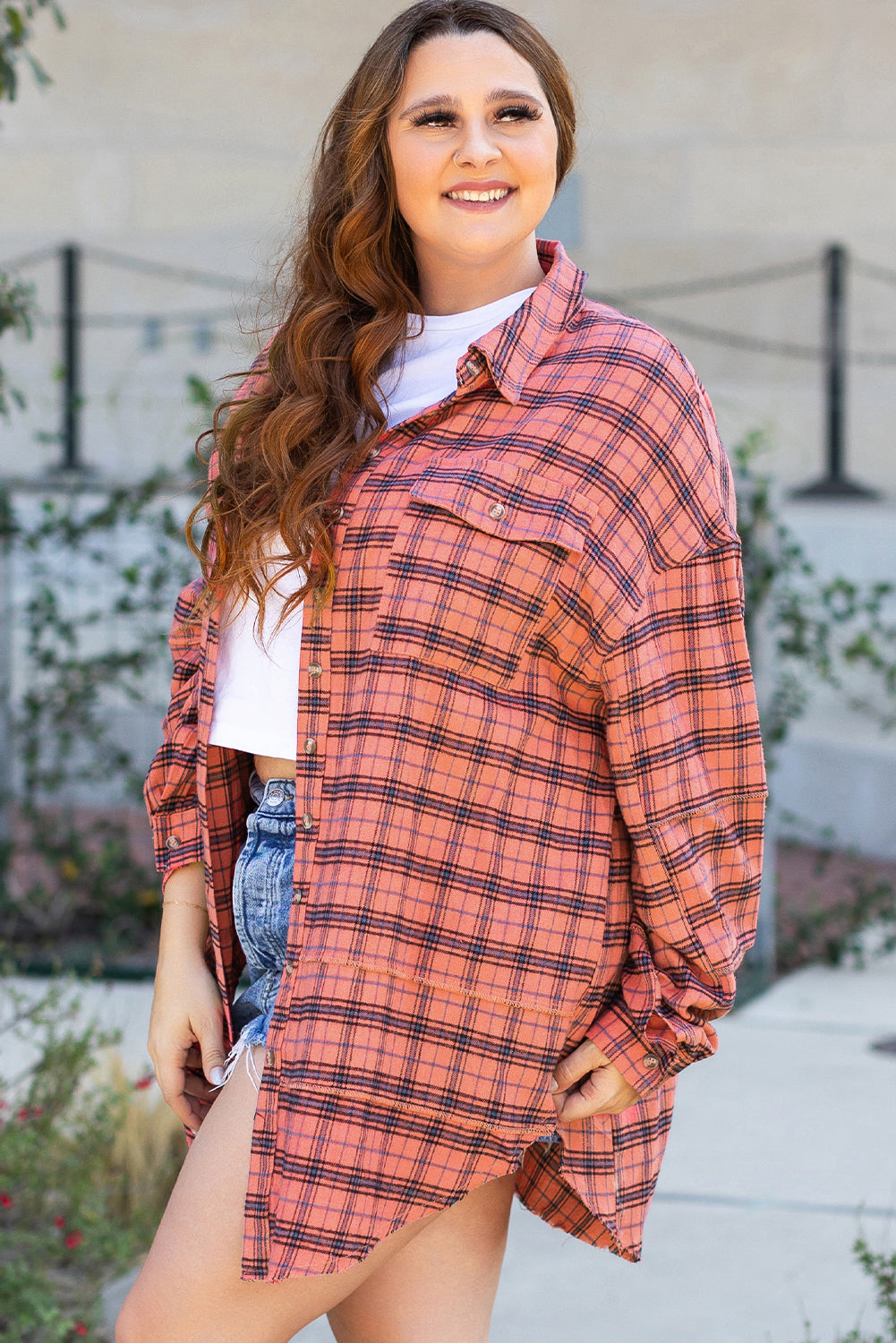 Green Plaid Long Sleeeve Side Split Distressed Hem Shirt
